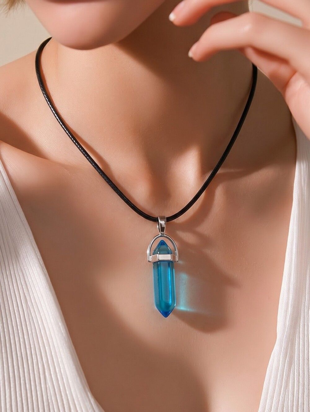 Clear Blue Quartz Hex Crystal Point Pendant Necklace Double Terminated Gemstone